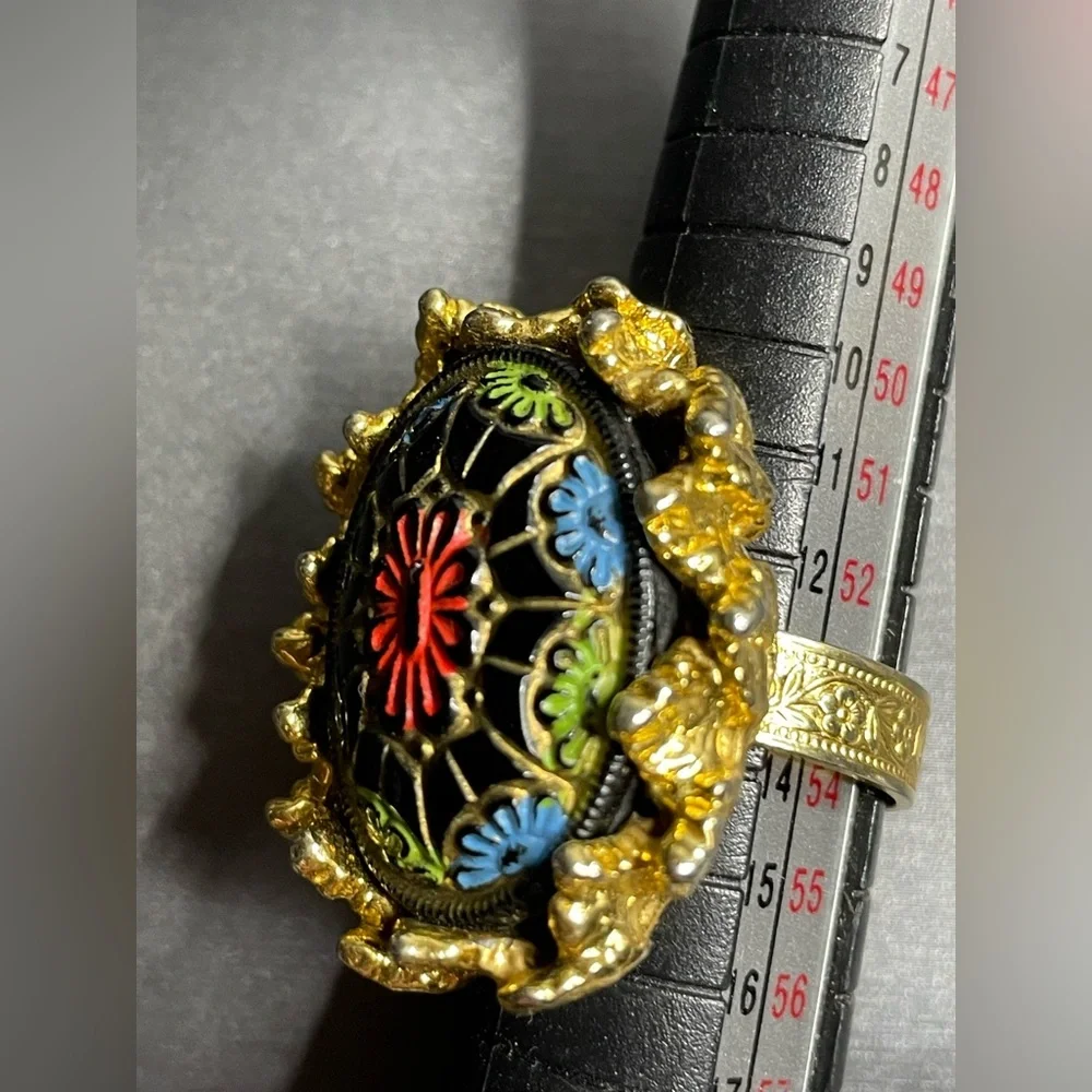 Moroccan Glass Lg Cabochon Gold Tone Leaves Vintage Adjustable Ring Sz 7 - Picture 4 of 12